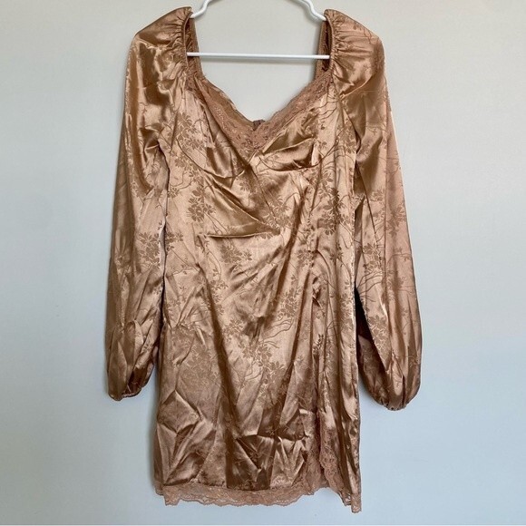 Shein Jacquard Satin Lantern Long Sleeve Mini Dress Gold Size Medium - Picture 1 of 9